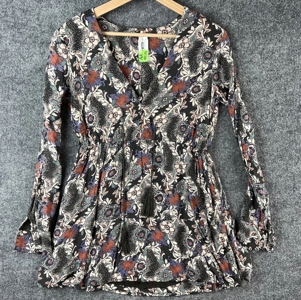 Free People Top Blouse Womens Extra Small Tasseled Pockets Floral Lightweight
